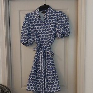 Blue and White Wrap Ruffled Dress